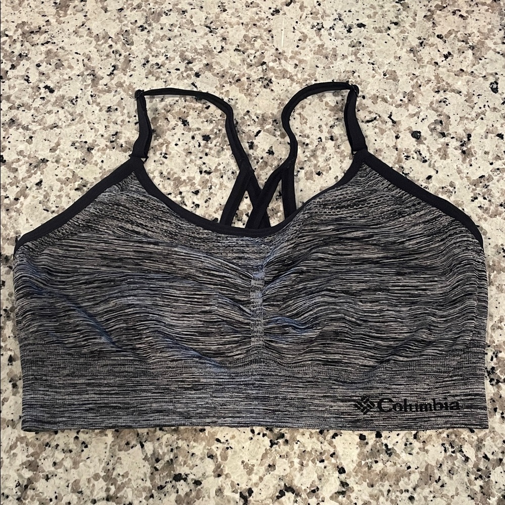3/$25🛍️ Columbia Black and Gray Space-Dye Sports Bra, stretchy, no cup pads, L